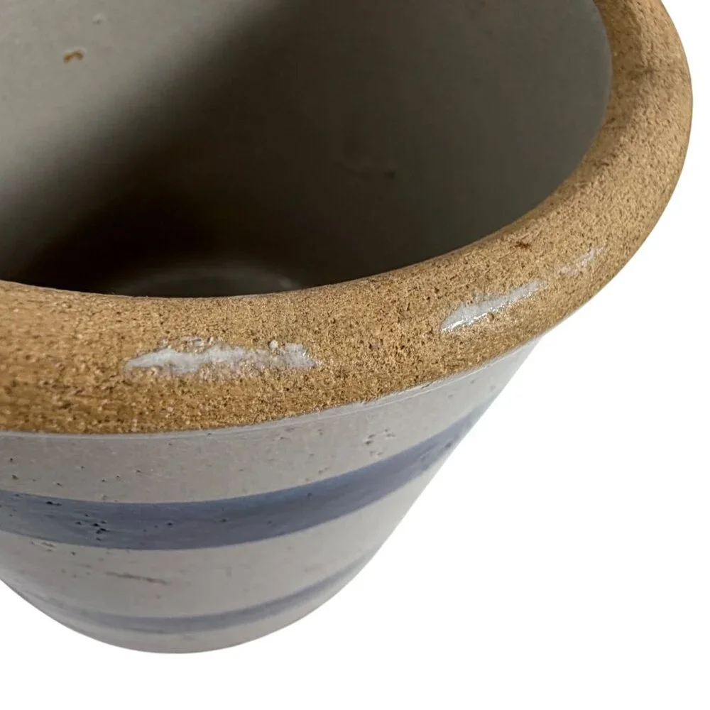 Stoneware Crock w/ Blue Stripes - Rustic Kitchen Utensil Holder Decorative Vase